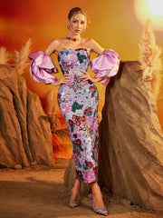 Puff Sleeve Floral Midi Dress