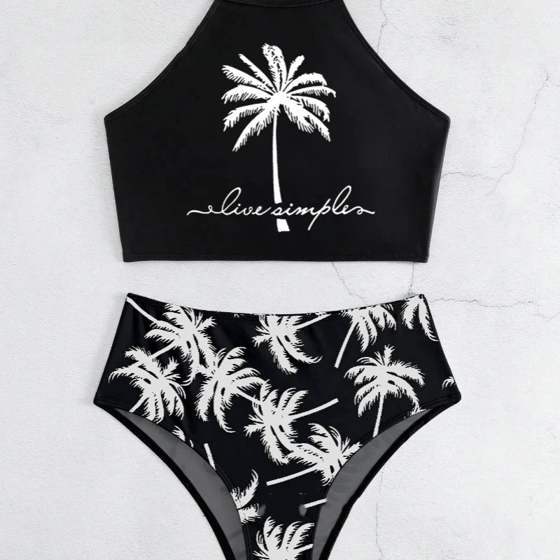 Fashion Tree Printed Bikini Set Tie-Front Two-Piece Swimsuit Two Piece High Rise Panties