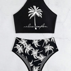 Fashion Tree Printed Bikini Set Tie-Front Two-Piece Swimsuit Two Piece High Rise Panties