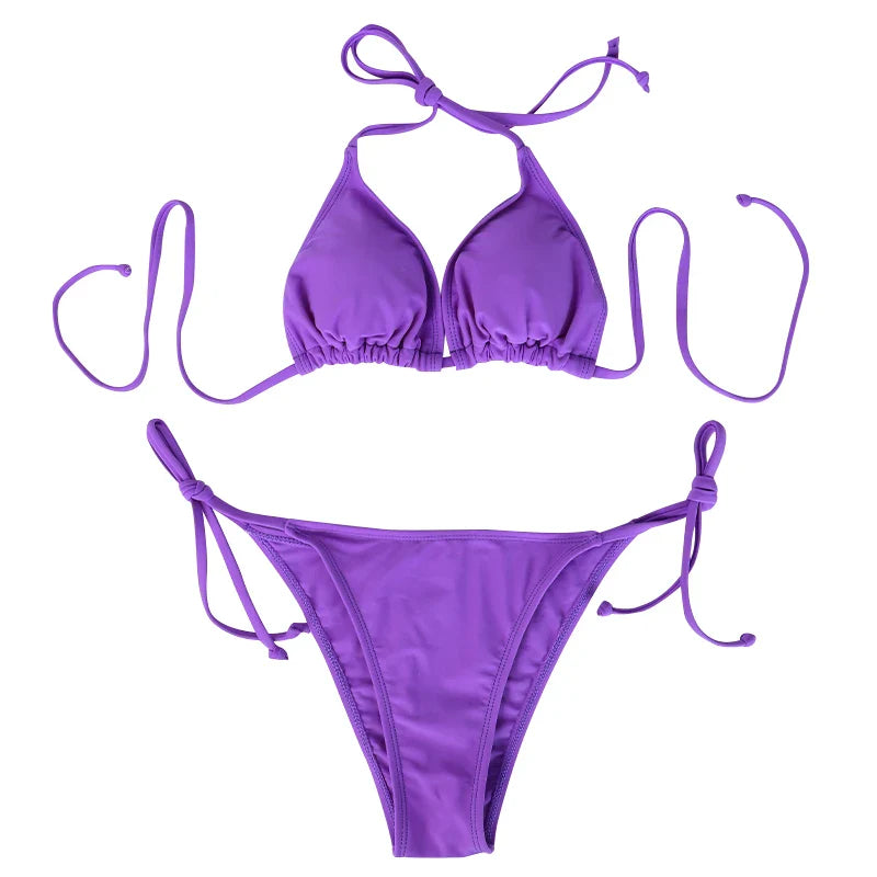 Fashionable Two-Piece Set Swimwear Solid Lady Bikinis Triangle Thong Stringwear Wear