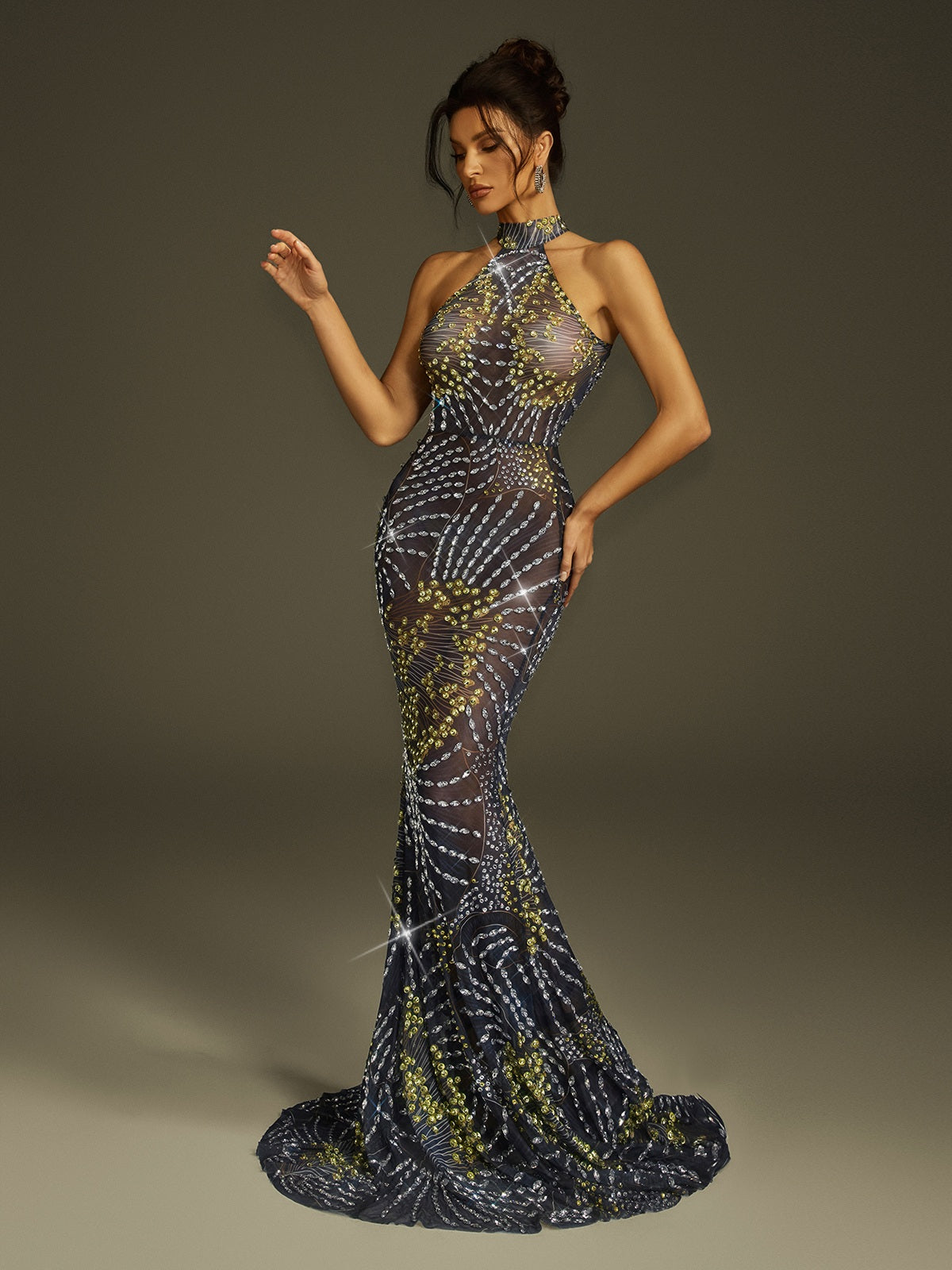 Robe longue sirène en maille cristal 