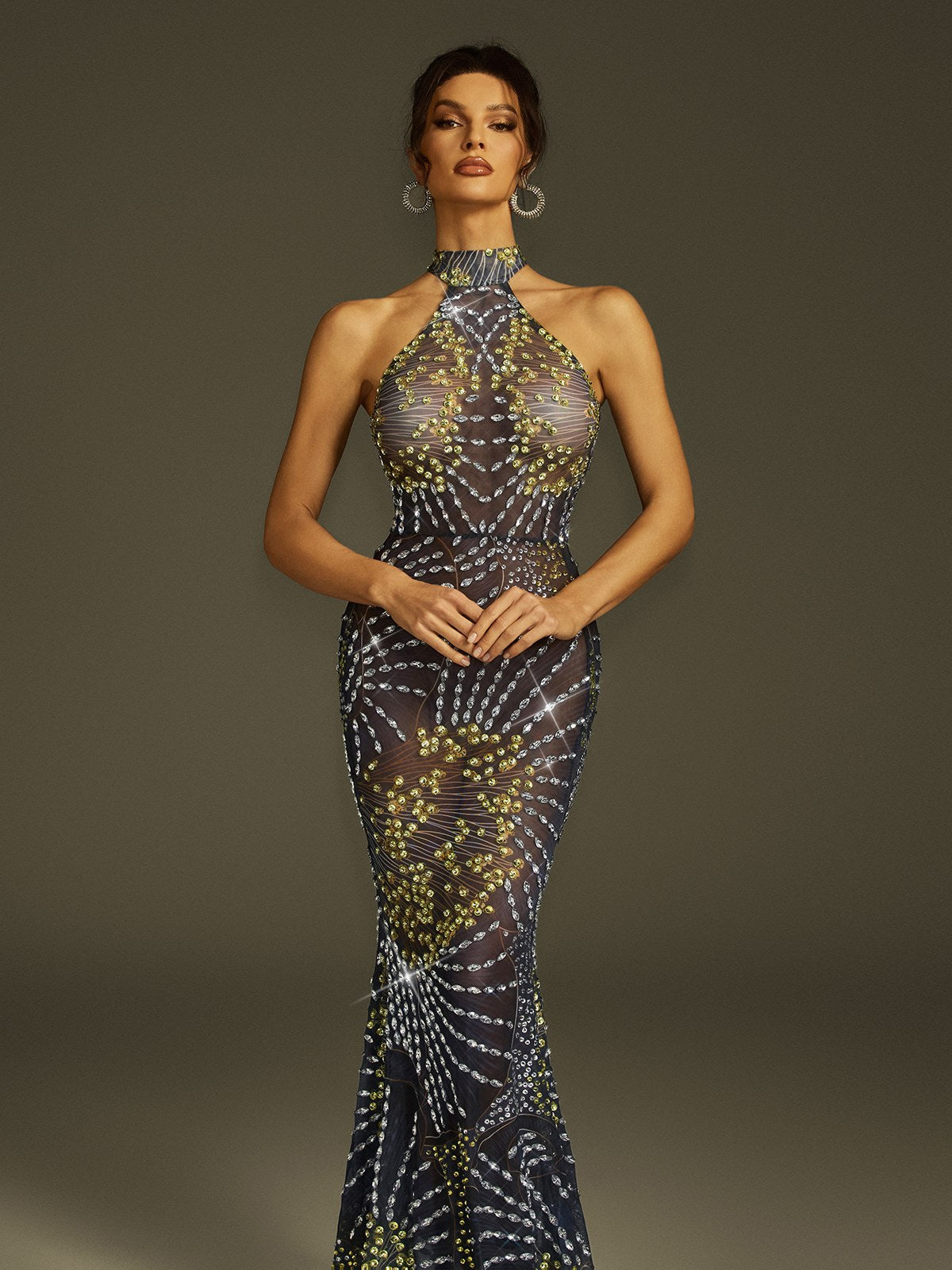 Robe longue sirène en maille cristal 