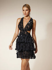 Flower Rhinestone Cutout Mini Dress