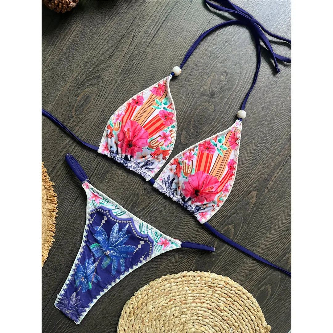 Flower Printed Floral Halter Bikini Two-pieces Bikini Set