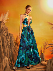 Robe maxi imprimée à col halter et découpes 