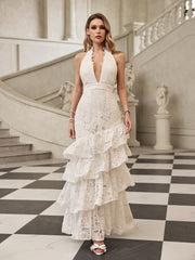 Robe longue dos nu à volants étagés 