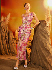 Robe longue froncée à fleurs spaghetti 