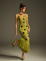 Robe midi en maille à pois et franges 