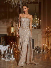 Strapless Ruched Sequin Maxi Dress