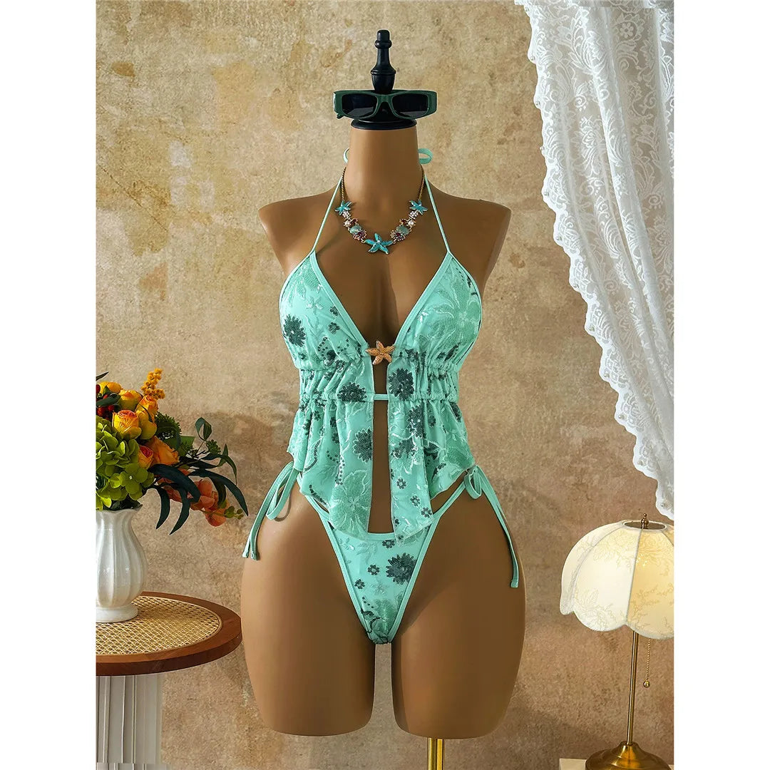Glitter Sequin Printed Tankini Halter Bikini Two-pieces Bikini Set