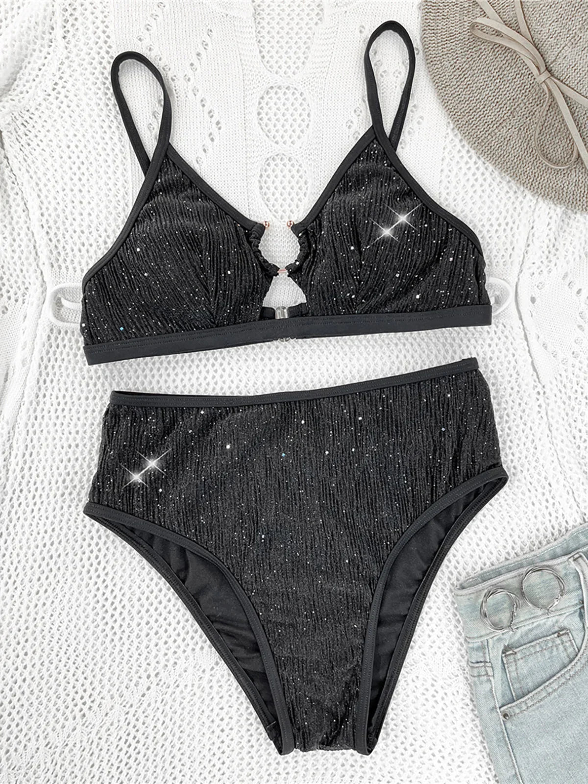 Glitter Sparkling Cut Out Bikini Two-pieces Bikini Set