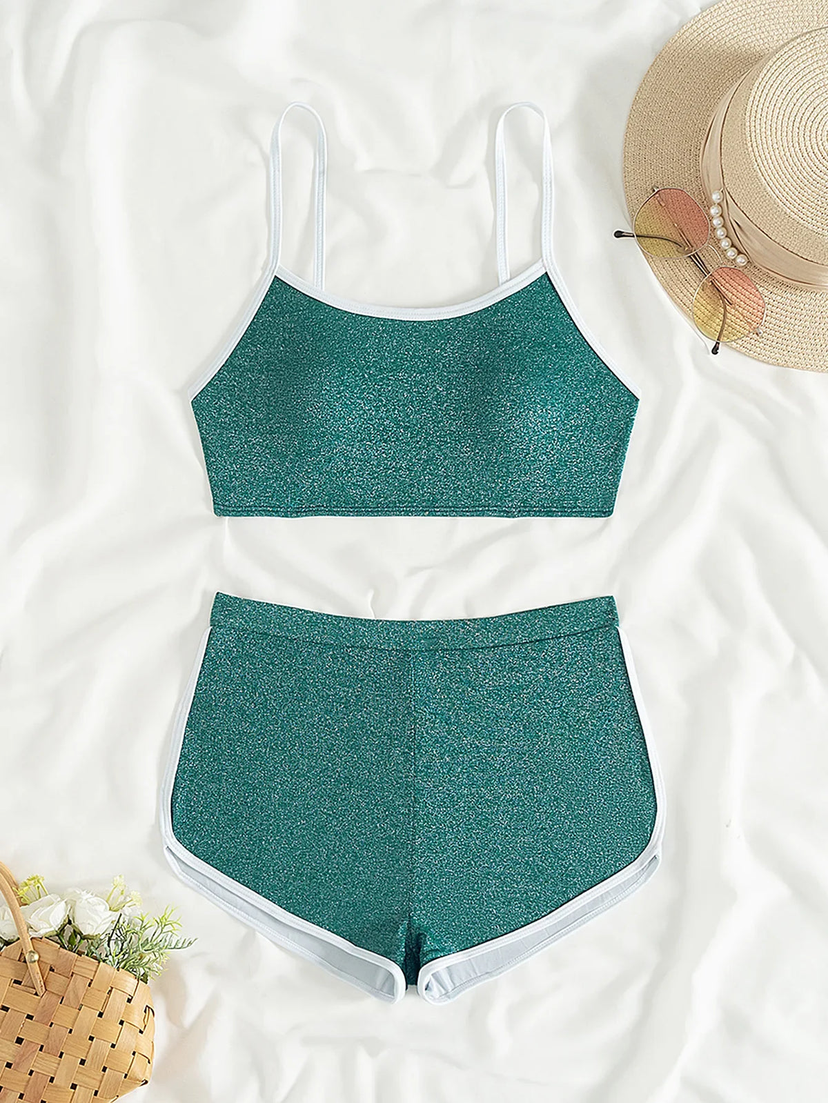 Golden Metallic Two Piece Bikini Set Shiny Tummy Control Swimwear