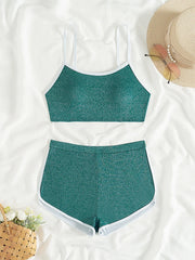 Golden Metallic Two Piece Bikini Set Shiny Tummy Control Swimwear