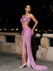 Robe longue rose fuchsia à découpes en cristal 