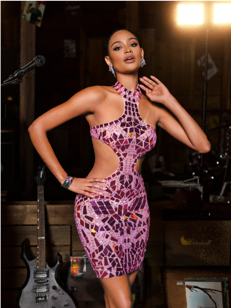 Acrylic Embellished Cutout Mini Dress