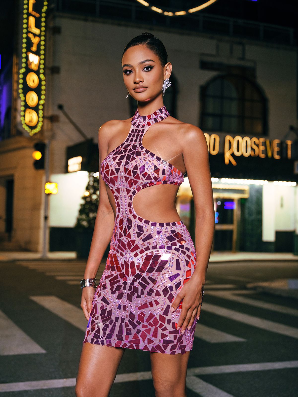 Acrylic Embellished Cutout Mini Dress