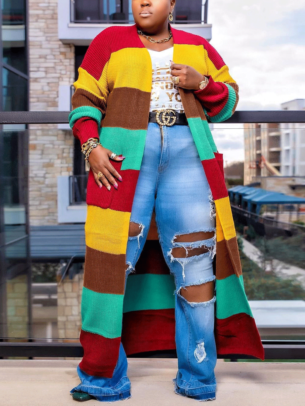 Knitted Multicolor Colorblock Cardigans