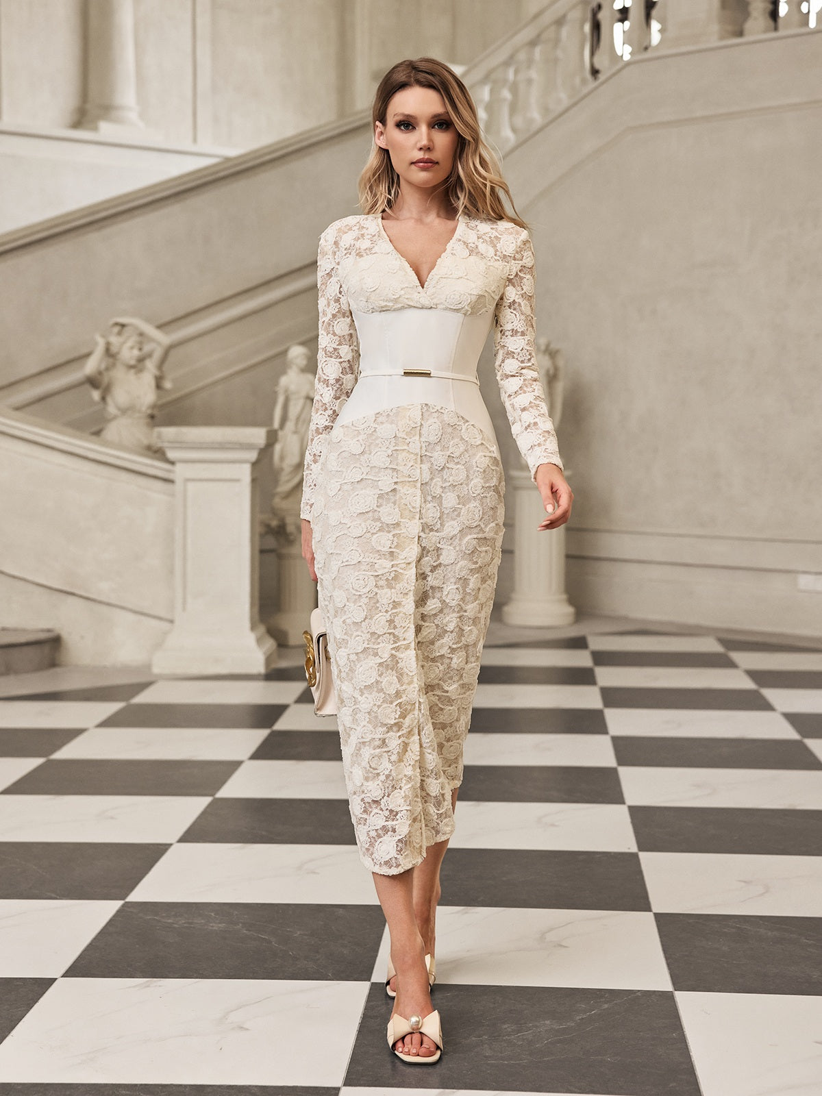 Robe midi en dentelle à col V 