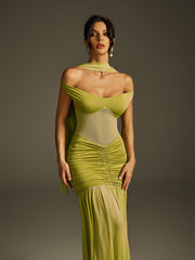 Robe longue froncée à col halter 