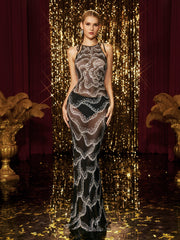 Sleeveless Mesh Rhinestone Maxi Dress