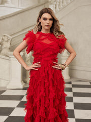 Tulle Tiered Mesh Midi Dress