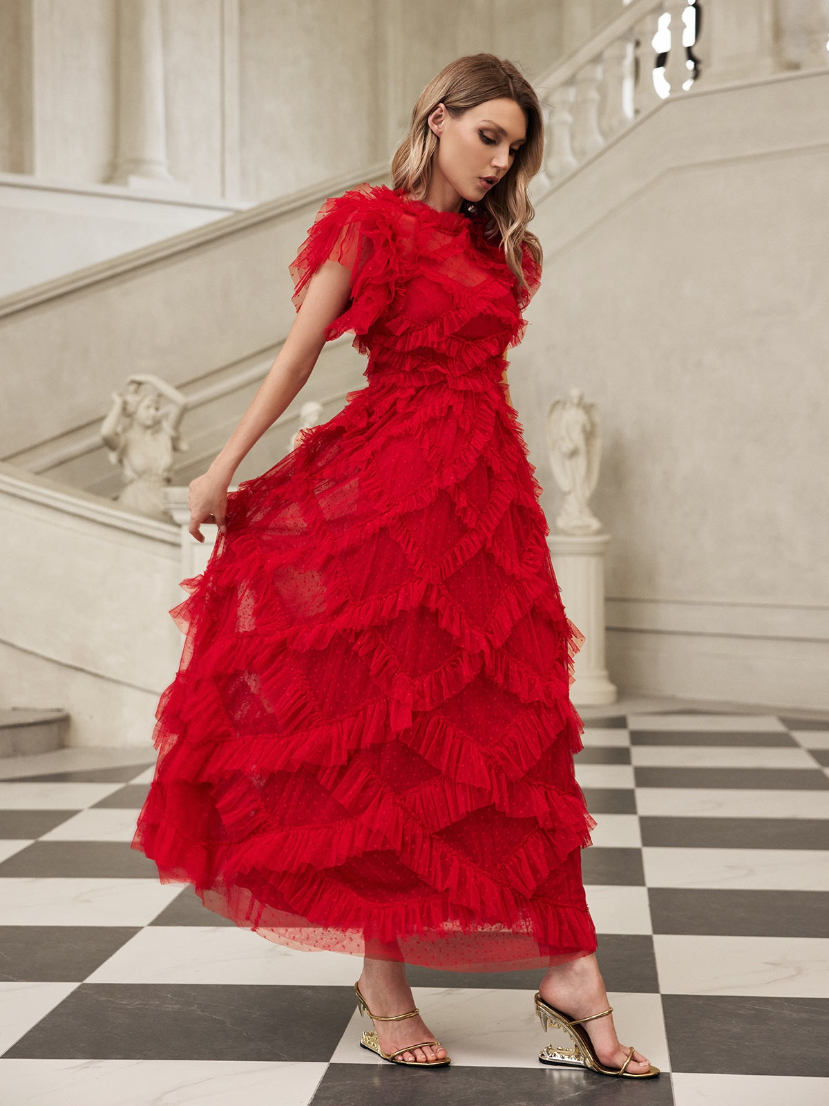 Tulle Tiered Mesh Midi Dress
