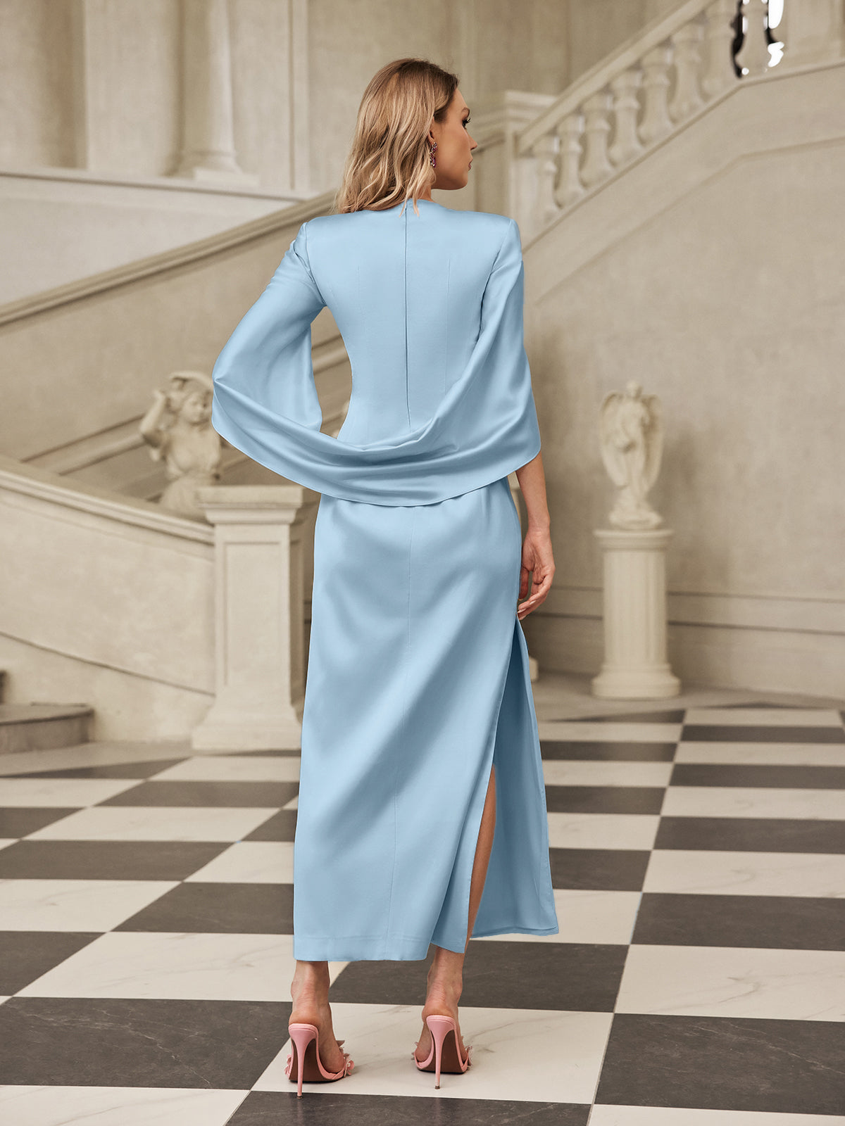 Shoulder Pad Satin Midi Dress In Sky