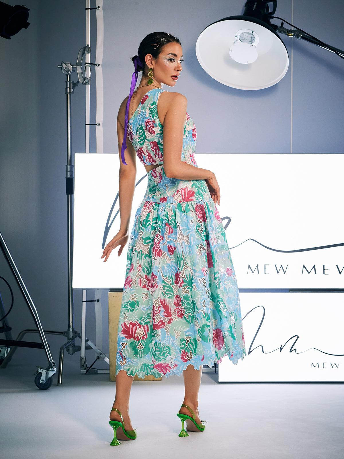 One Shoulder Print Embroidered Dress