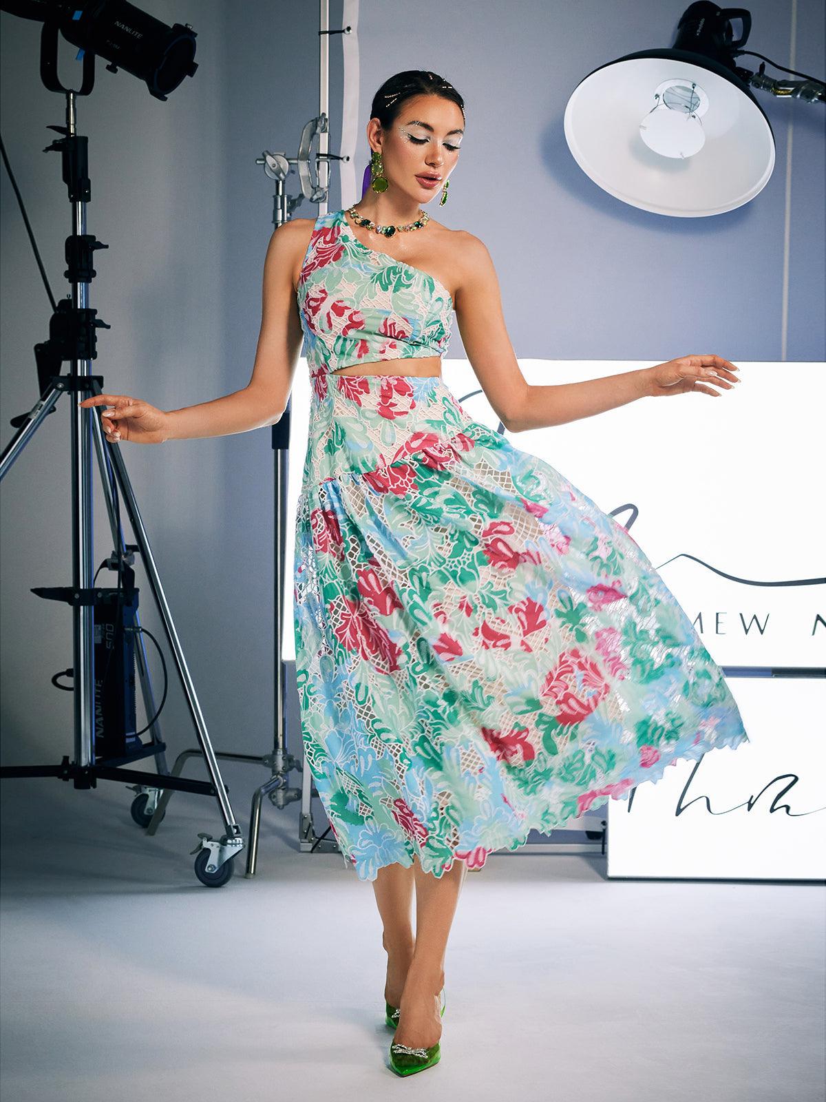One Shoulder Print Embroidered Dress