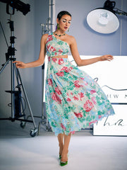 One Shoulder Print Embroidered Dress