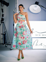 One Shoulder Print Embroidered Dress
