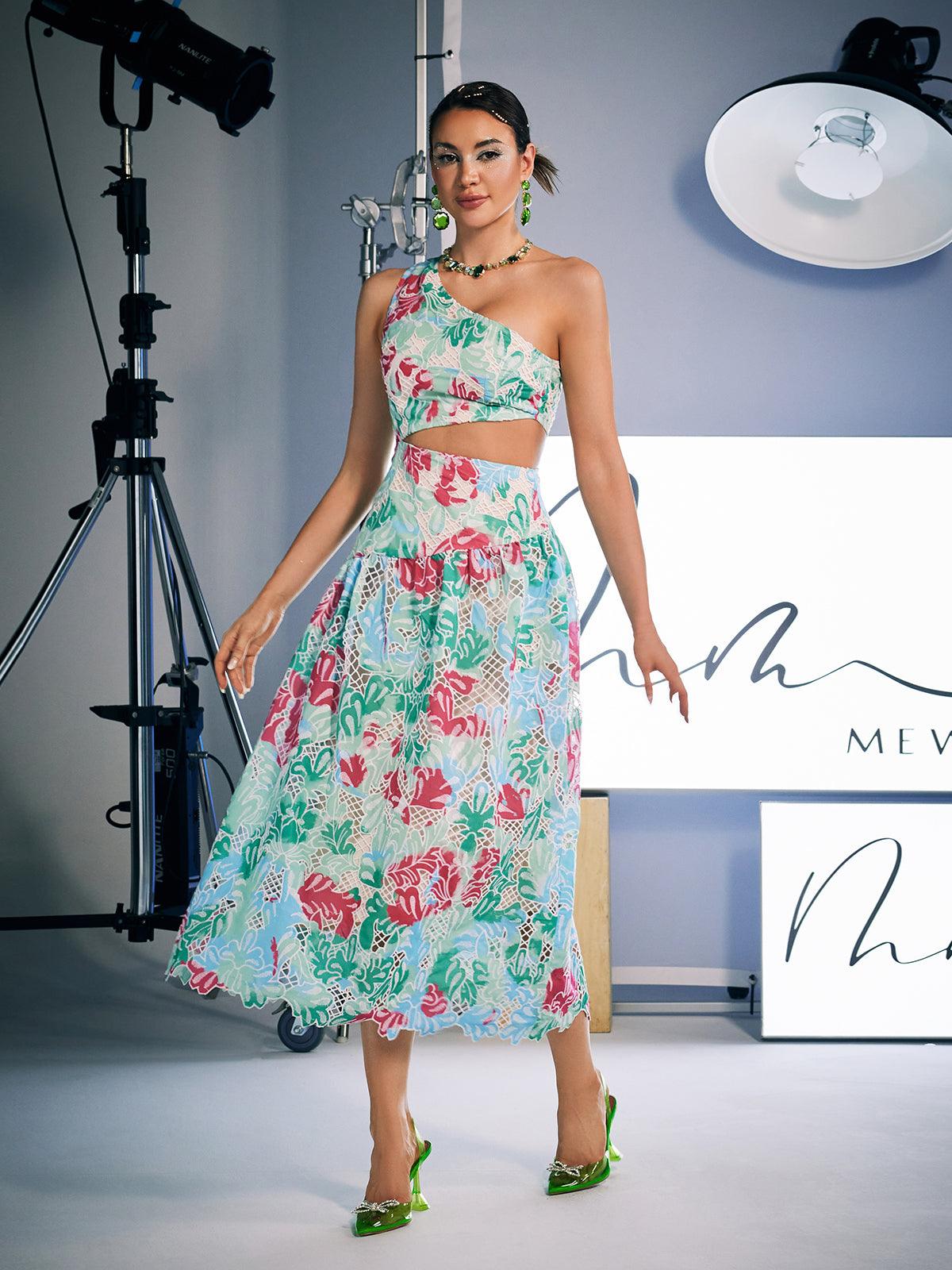 One Shoulder Print Embroidered Dress