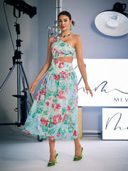 One Shoulder Print Embroidered Dress