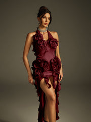 Halterneck Flower Mesh Midi Dress In Wine