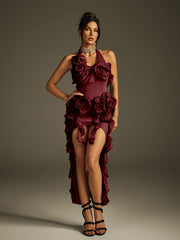 Halterneck Flower Mesh Midi Dress In Wine