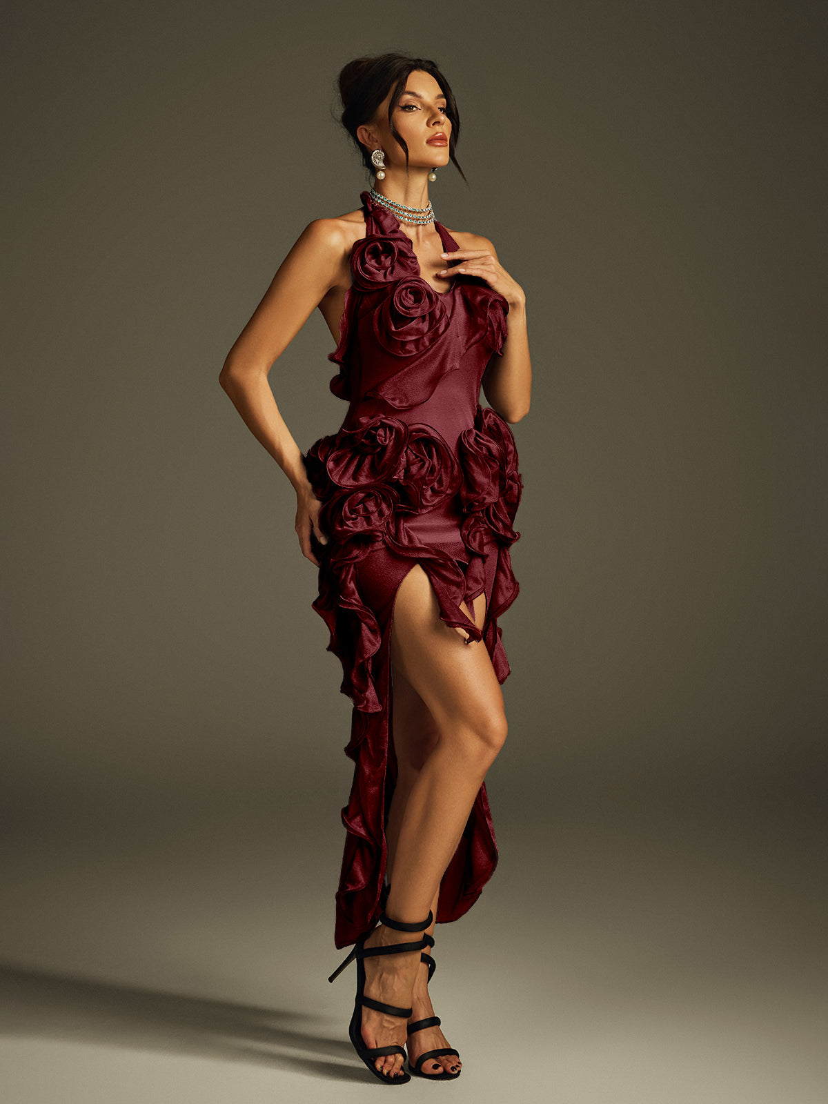 Halterneck Flower Mesh Midi Dress In Wine
