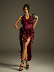 Halterneck Flower Mesh Midi Dress In Wine