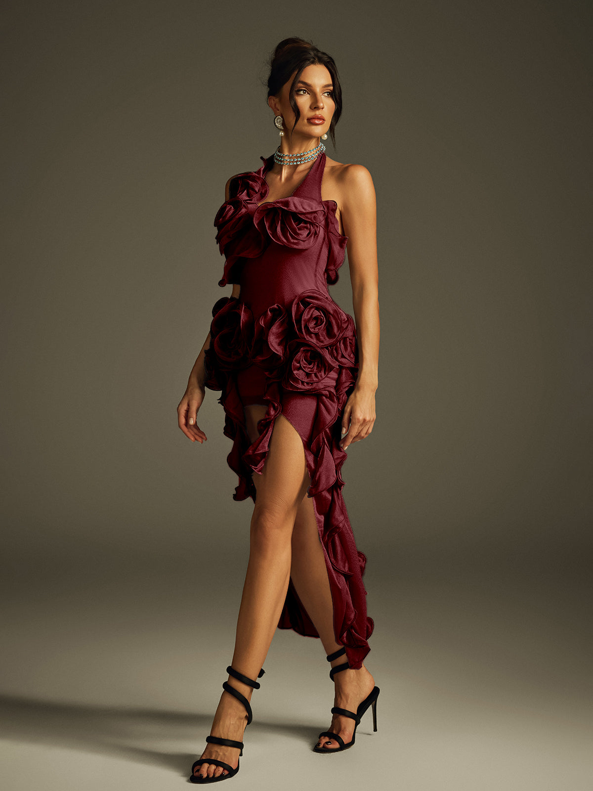 Halterneck Flower Mesh Midi Dress In Wine