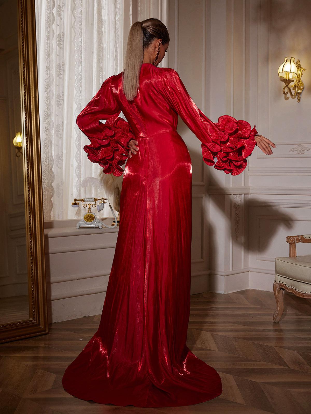 Robe maxi fendue et froncée à manches longues 