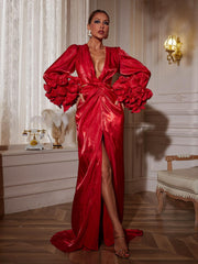 Robe maxi fendue et froncée à manches longues 