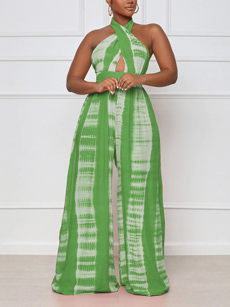 Halter Backless Printed Wide Leg Jumpsuits