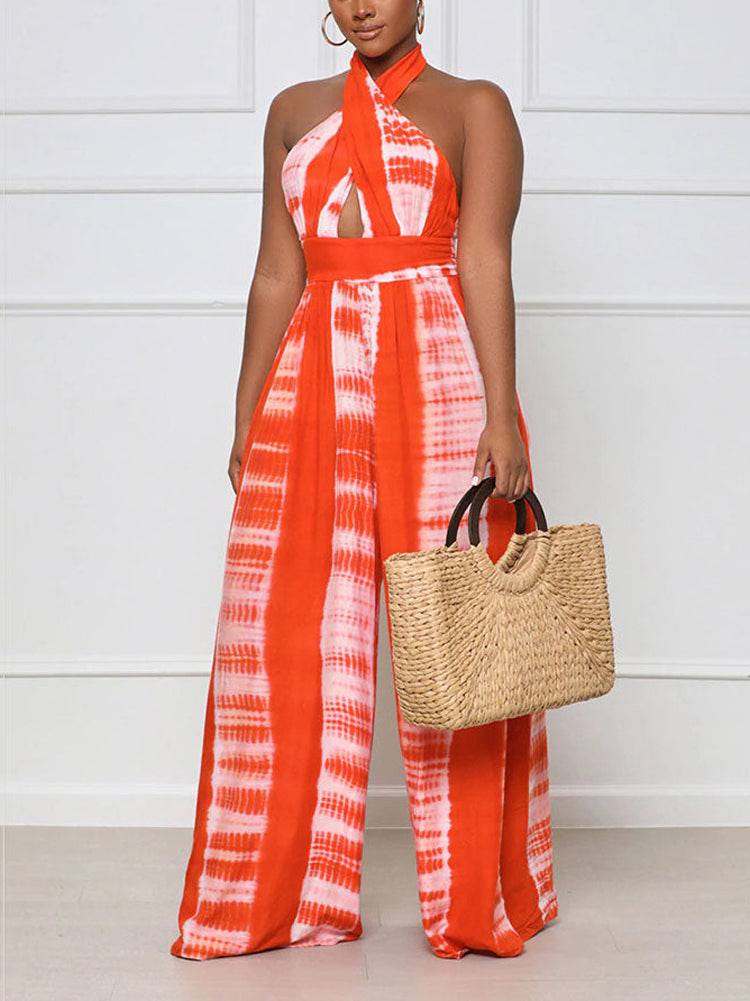 Halter Backless Printed Wide Leg Jumpsuits