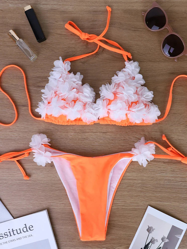 Handmade 3D Flower Wrap-Neck Tie Triangle Bottom Orange Bikini for Small Breasts, Lifts and Slims