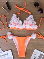 Handmade 3D Flower Wrap-Neck Tie Triangle Bottom Orange Bikini for Small Breasts, Lifts and Slims