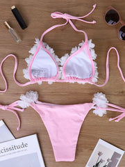 Handmade 3D Flower Wrap-Neck Tie Triangle Bottom Pink Bikini for Small Breasts, Lifts and Slims