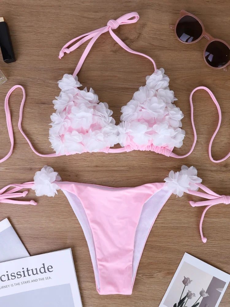 Handmade 3D Flower Wrap-Neck Tie Triangle Bottom Pink Bikini for Small Breasts, Lifts and Slims
