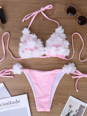 Handmade 3D Flower Wrap-Neck Tie Triangle Bottom Pink Bikini for Small Breasts, Lifts and Slims