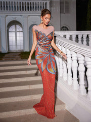 Robe longue en maille imprimée de strass 