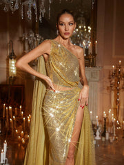 One Shoulder Cutout Sequin Maxi Dress