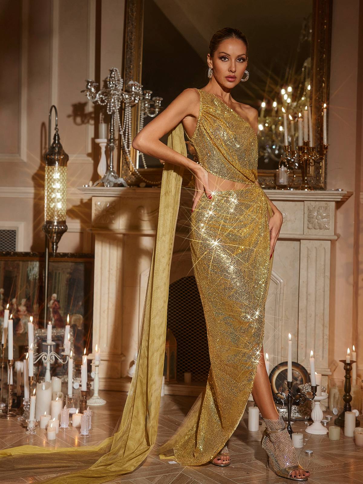 One Shoulder Cutout Sequin Maxi Dress